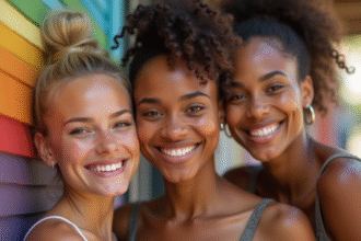 Groupe diversifié de personnes souriantes avec palette de couleurs