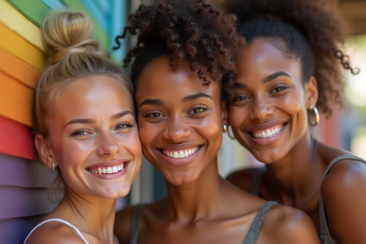 Groupe diversifié de personnes souriantes avec palette de couleurs