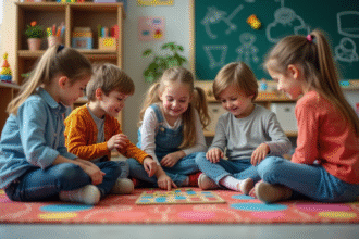 Enfants de 7 a 9 ans jouant ensemble dans une classe