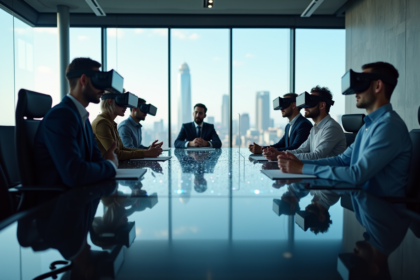 Groupe de professionnels utilisant la réalité virtuelle en réunion