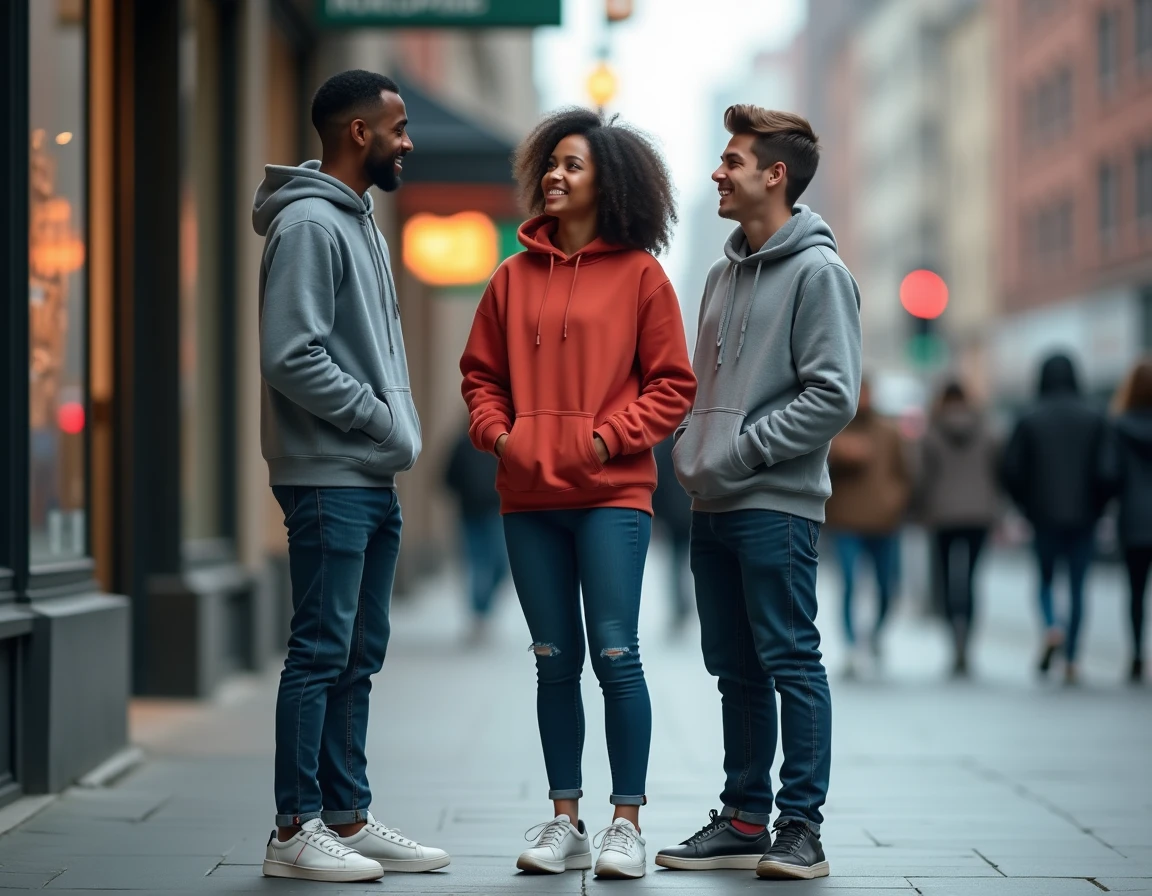 Groupe de jeunes adultes en tenues streetwear debout côte à côte sur un trottoir urbain, différences de taille naturellement visibles en plein air