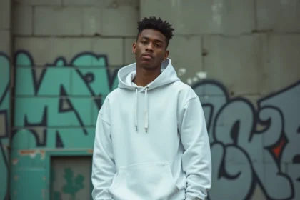 Rappeur français debout en coulisses, posture décontractée révélant sa taille et sa silhouette, style streetwear urbain