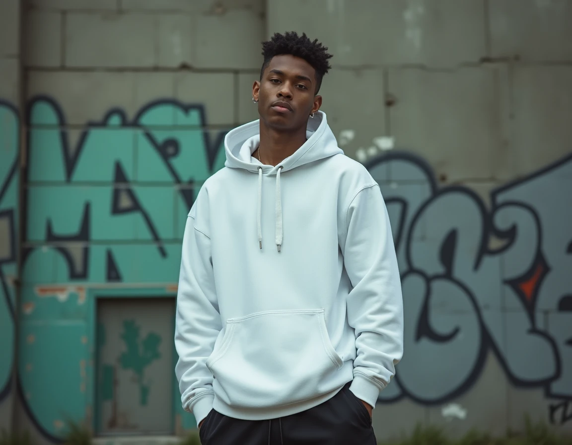 Rappeur français debout en coulisses, posture décontractée révélant sa taille et sa silhouette, style streetwear urbain