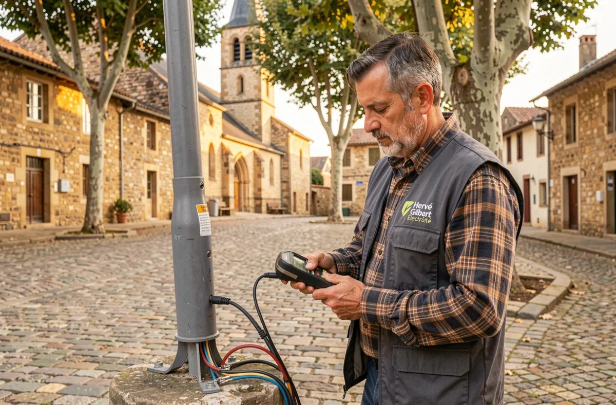 Électricien d'Hervé Gilbert Électricité inspectant un lampadaire dans une place de village gascon dans le Gers
