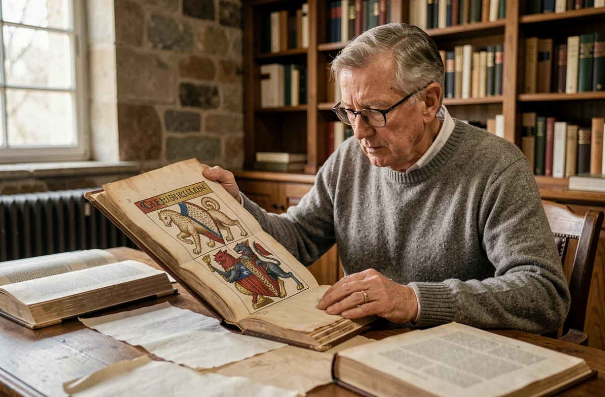 Historien étudiant un manuscrit médiéval breton sur les hermines et l'héraldique régionale
