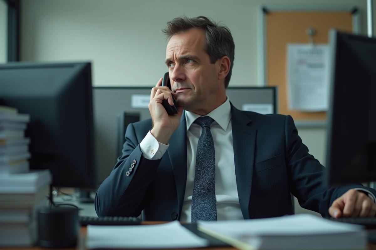 Homme d affaires au bureau en appel avec expression tendue