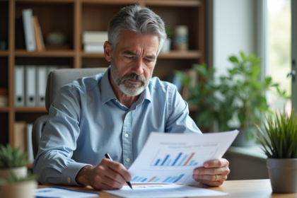 Homme d'affaires en bureau moderne examinant un portfolio