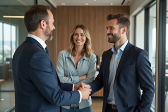 Homme d'affaires en costume serrant la main d'un couple dans un bureau immobilier