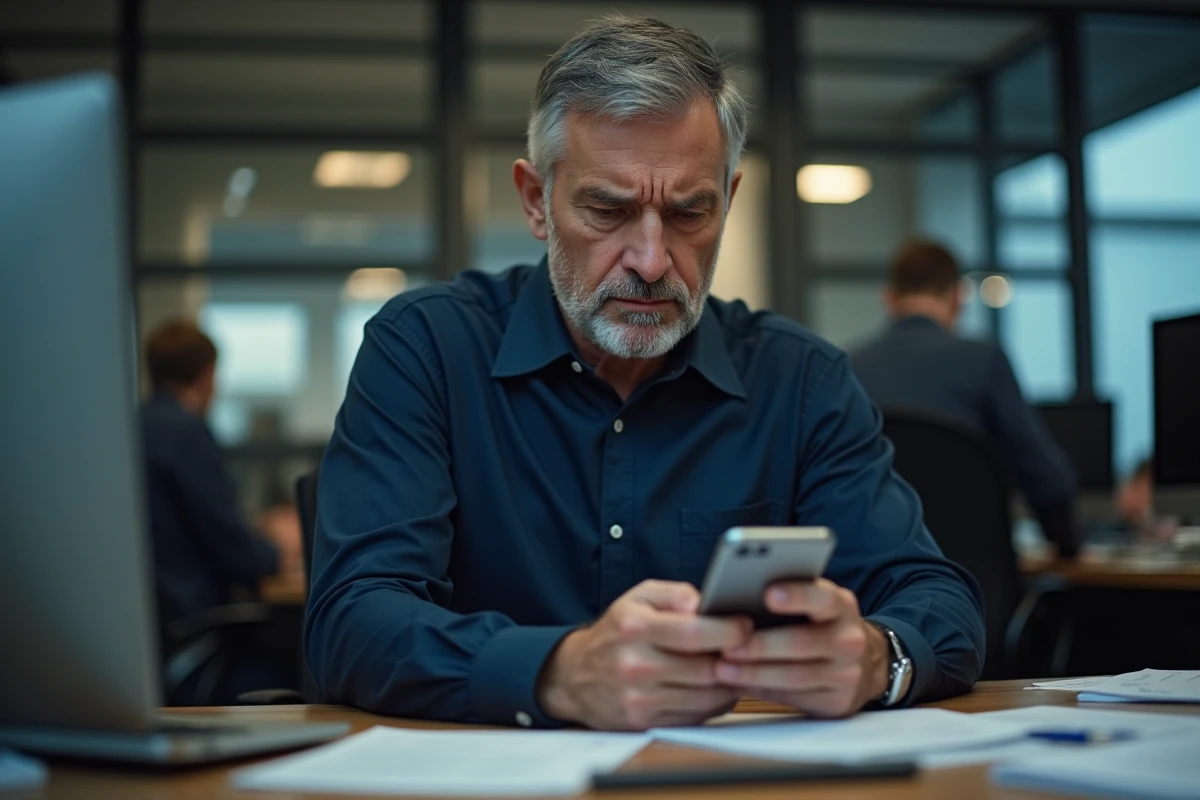 Homme en bureau vérifiant un appel manqué d'un numéro inconnu avec l'indicatif téléphonique 41