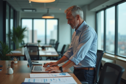 Homme d'âge moyen au bureau comparant écran et papiers