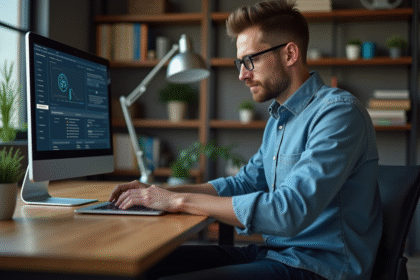 Jeune homme au bureau avec VPN sur ordinateur