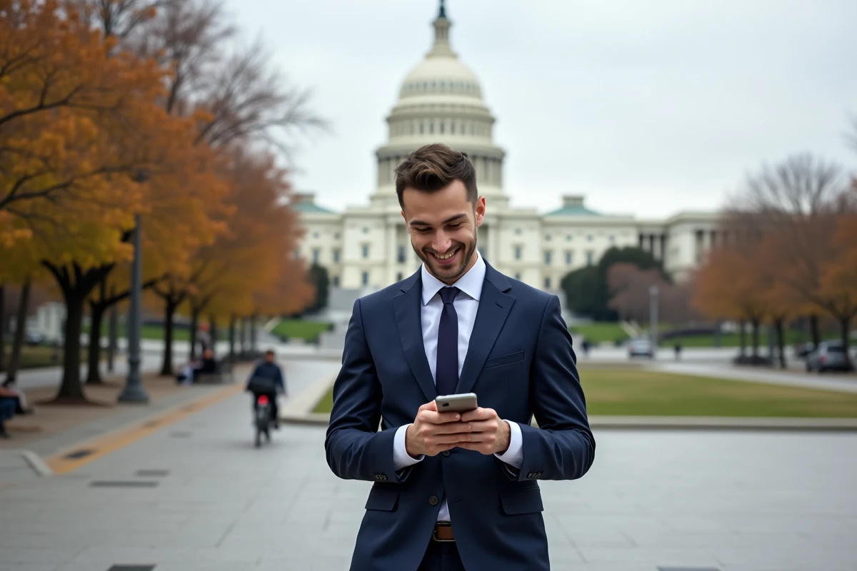 Jeune homme américain regardant son téléphone devant le Capitole