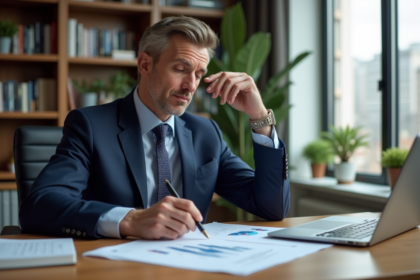 Homme d'âge moyen en costume bleu dans un bureau moderne