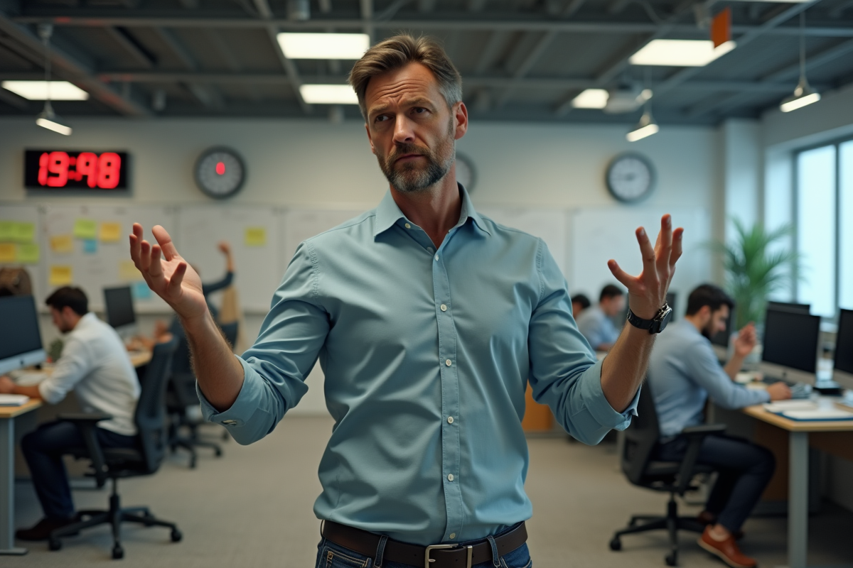 Homme inquiet dans un bureau en désordre avec collègues