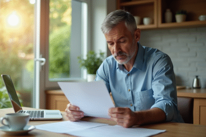 Homme d'âge moyen lisant des documents à la maison
