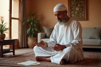 Homme musulman consultant les horaires de prière islamique à Nîmes assis sur un tapis de prière