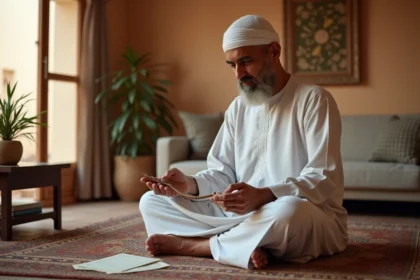 Homme musulman consultant les horaires de prière islamique à Nîmes assis sur un tapis de prière