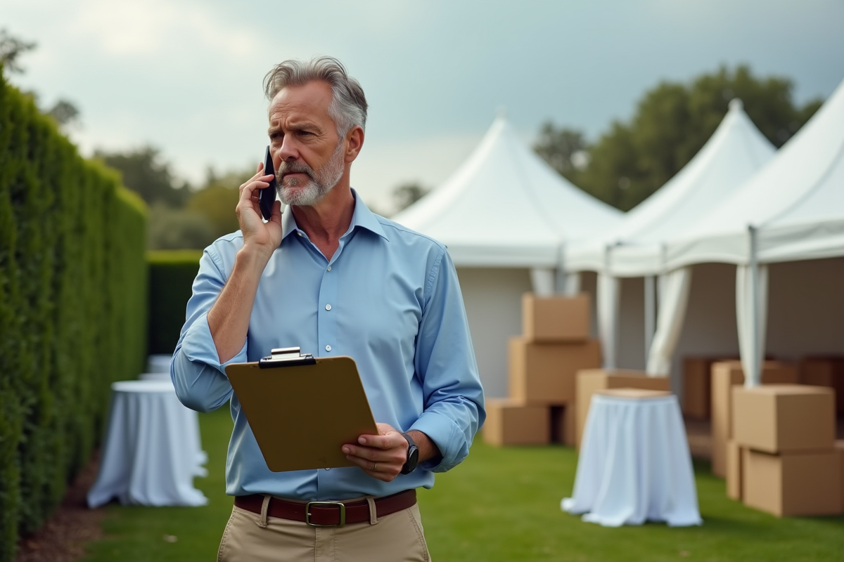 Homme en extérieur préparant un événement avec tente et ballons