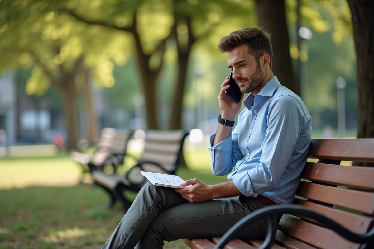 Homme dans un parc parlant au téléphone avec carnet