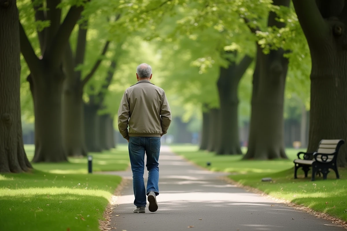 Homme marche dans un parc vert et paisible