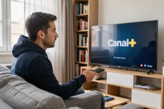 Homme regardant une interface Canal+ sur sa télévision depuis son canapé, tenant une télécommande