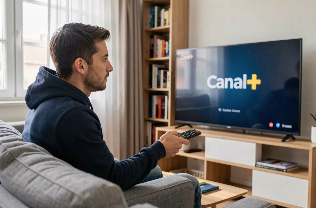 Homme regardant une interface Canal+ sur sa télévision depuis son canapé, tenant une télécommande