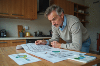 Homme d'âge moyen examinant un plan d'énergie maison dans une cuisine moderne