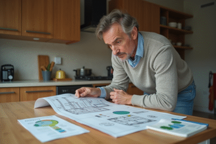 Homme d'âge moyen examinant un plan d'énergie maison dans une cuisine moderne