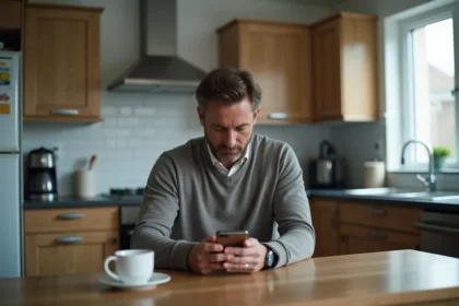 Homme d'âge moyen seul avec smartphone dans une cuisine moderne