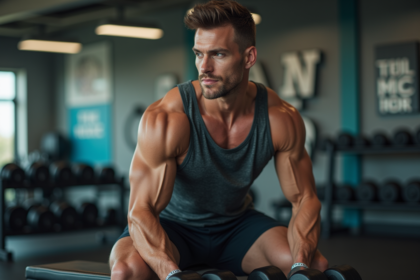 Homme musclé en salle de sport effectuant un curl avec haltères