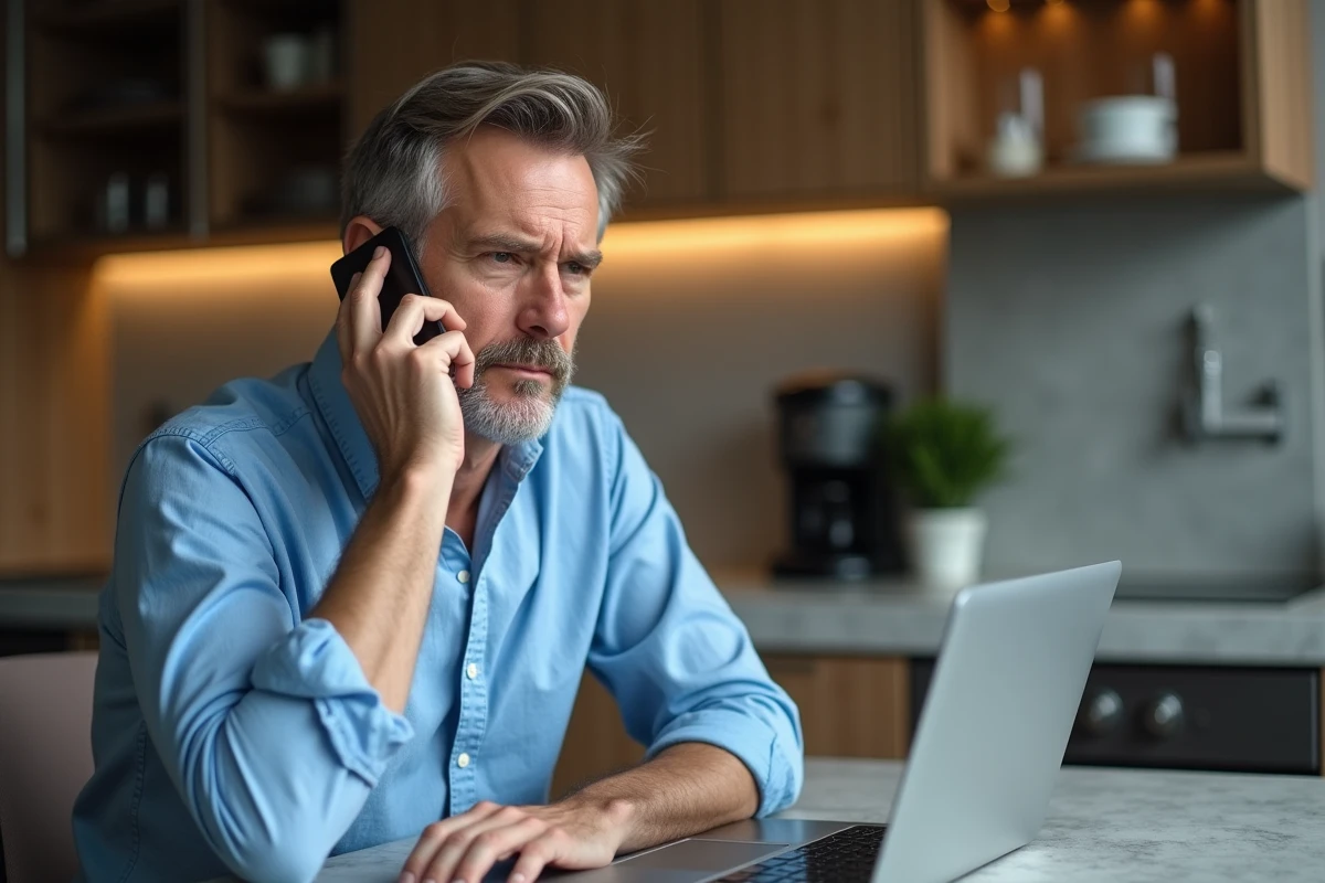 Homme d'âge moyen au téléphone dans une cuisine moderne