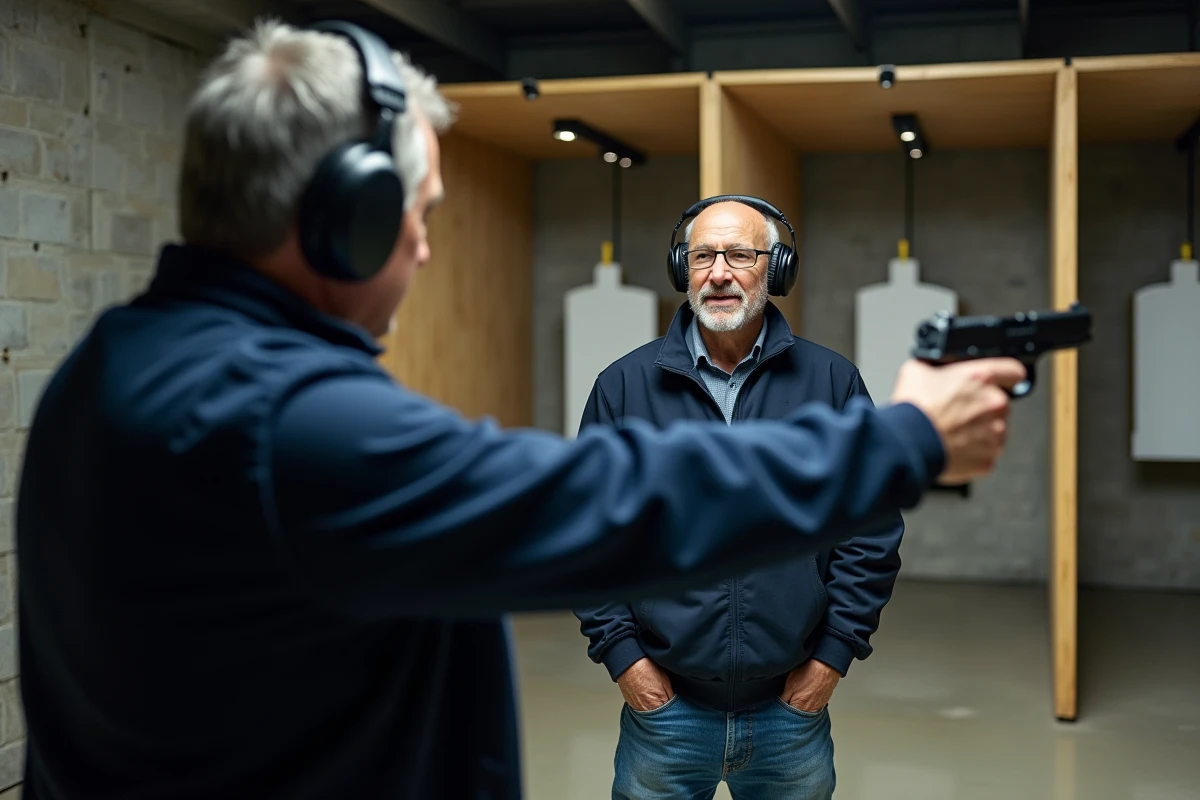 Homme d'âge moyen au stand de tir intérieur avec protection auditive