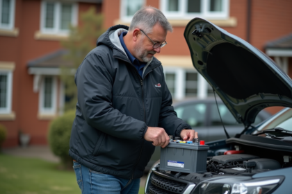 Homme vérifiant la batterie d'une voiture en extérieur