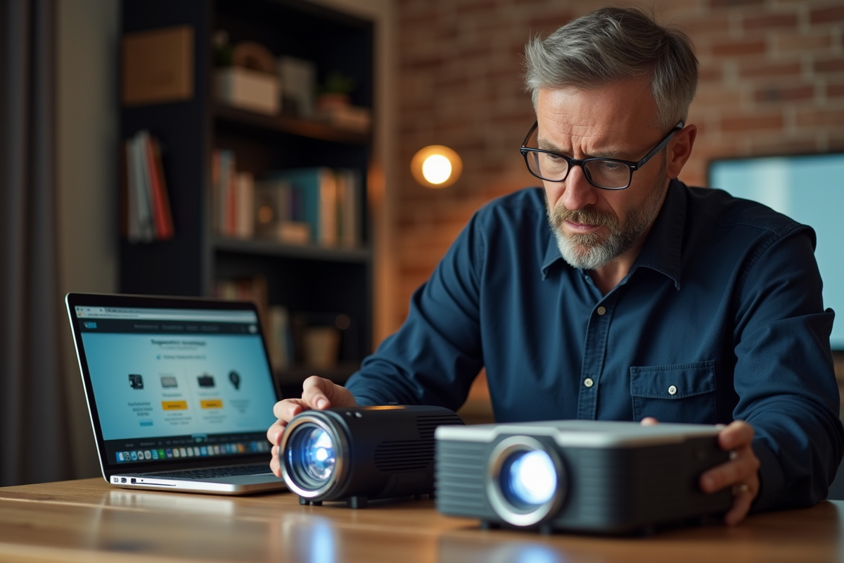 Homme d'âge moyen comparant deux lampes de projecteur dans un bureau