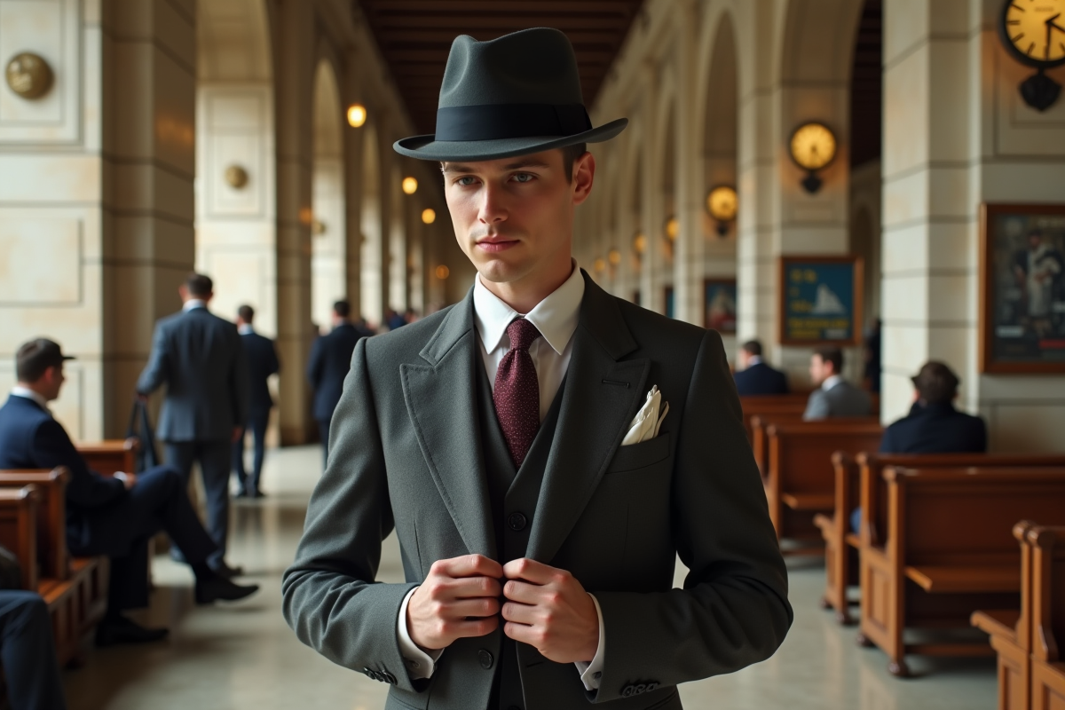 Homme en costume vintage ajustant ses boutons dans une gare