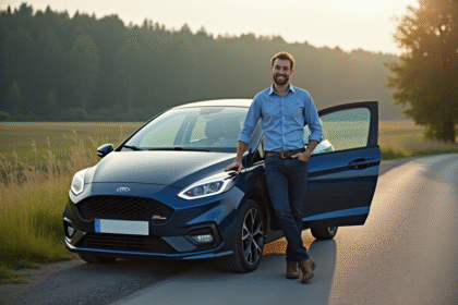 Homme souriant à côté d'une voiture compacte en campagne