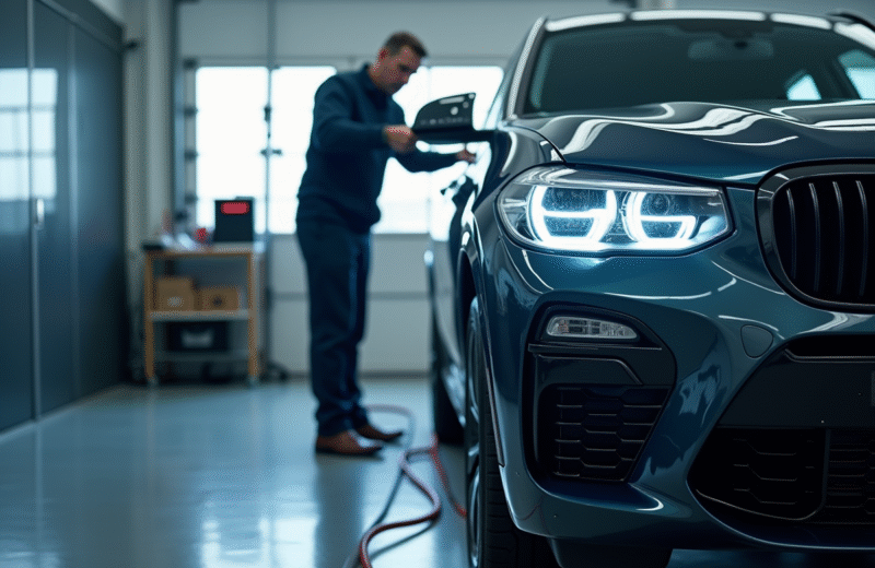 Voiture en inspection dans un garage moderne et lumineux