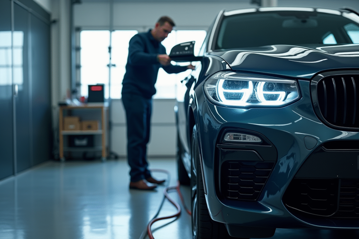 Voiture en inspection dans un garage moderne et lumineux