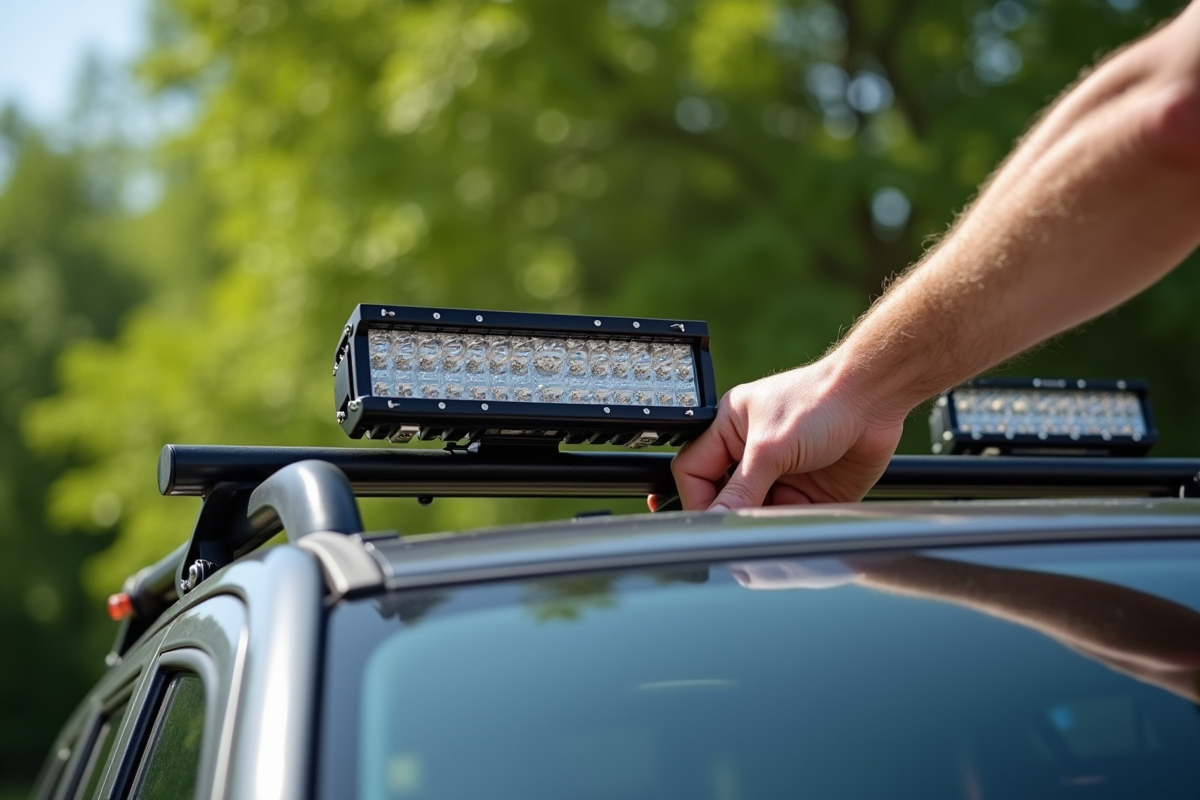 Main installant une barre lumineuse LED sur un 4x4 en plein jour