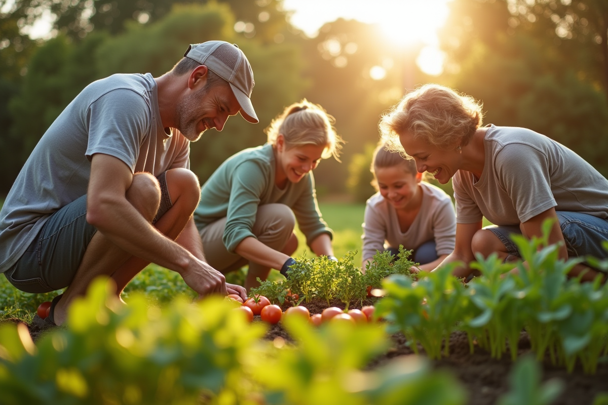 Personnes plantant des légumes dans un jardin communautaire ensoleillé