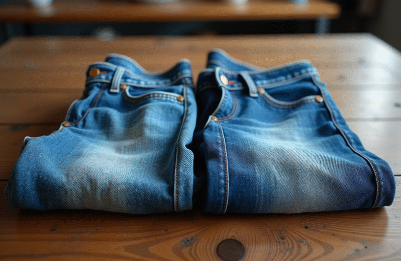 Jeans en denim usé à côté d'un neuf en lumière naturelle