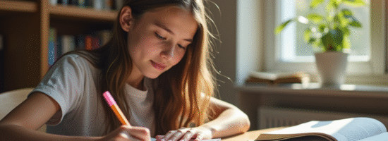 Jeune adulte étudiant pour un examen d enseignement à un bureau lumineux