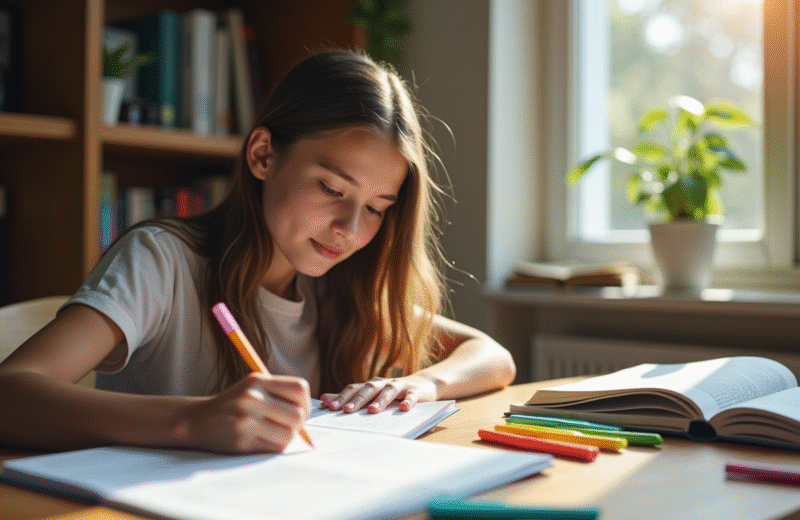 Jeune adulte étudiant pour un examen d enseignement à un bureau lumineux