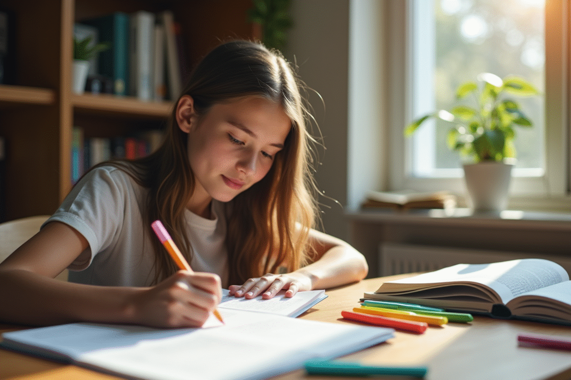 Jeune adulte étudiant pour un examen d enseignement à un bureau lumineux