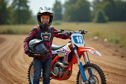 Jeune garçon en tenue motocross avec moto 125cc en extérieur