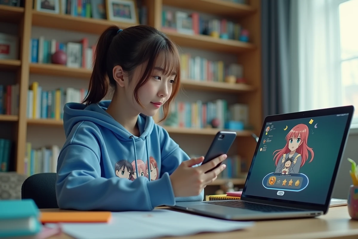 Jeune femme en hoodie anime utilisant son smartphone dans son bureau