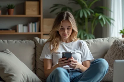 Jeune femme détendue sur un canapé en train de naviguer sur son smartphone
