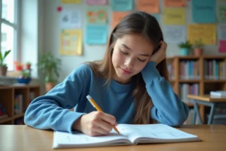 Jeune femme en pull bleu copie un tableau de conversion en mathématiques