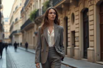 Jeune femme élégante marche dans une rue européenne avec architecture sophistiquée