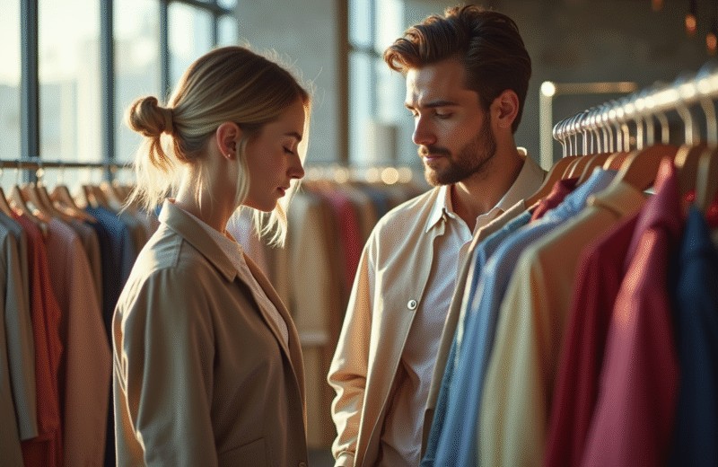 Jeune femme et homme mode dans un magasin lumineux